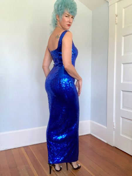 1980s Sapphire Sequin Hourglass Evening Gown