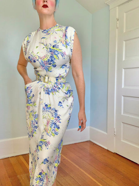 1940s Faces Novelty Print Cold Rayon Cocktail Dress