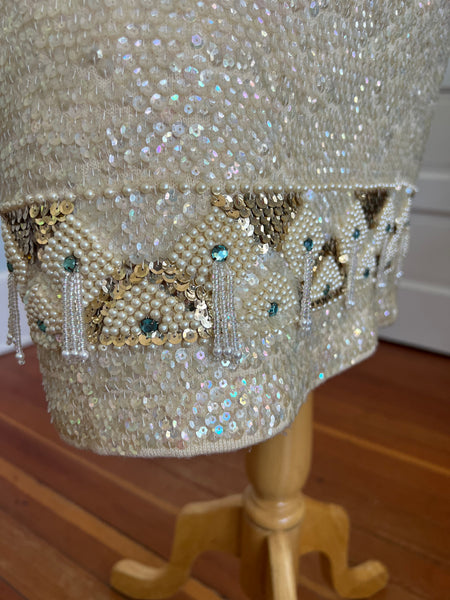 Custom 1960s Cleopatra Style Wool Iridescent Sequin Covered Cocktail Dress