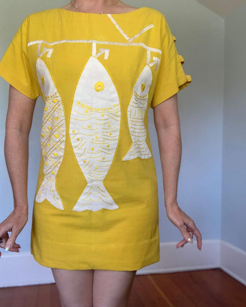 1960s Hand Made Cotton Linen Mini Dress w/ Fish Appliqués by “Nelly of Mexico”