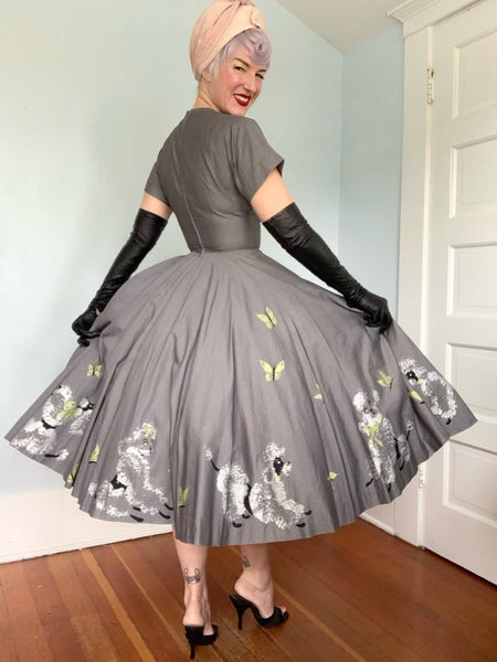 1950s Poodle Novelty Border Print Cotton Day Dress