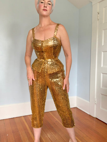 1950s “Ella Groll Original by Riviera Fashions of California” 2 Piece Gold Sequin Cocktail Ensemble