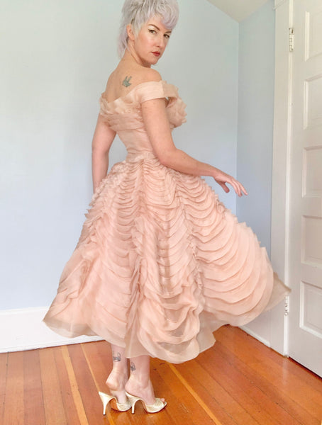 Documented 1954 “Ceil Chapman” Silk Organza Sculptural Ruffled Party Dress