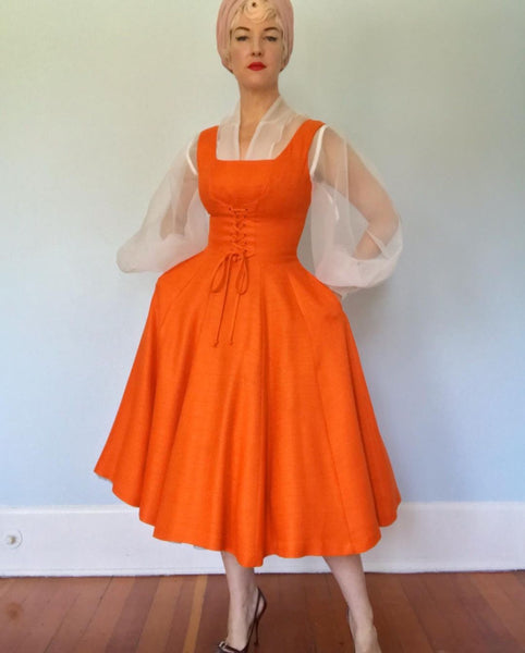 Gorgeous 1950s Pumpkin Orange Linen Pinafore Dress