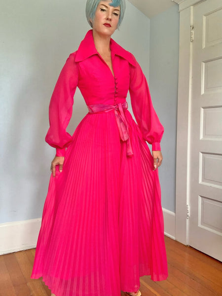 1960s Shocking Magenta Sheer Chiffon Over Satin Palazzo Jumpsuit