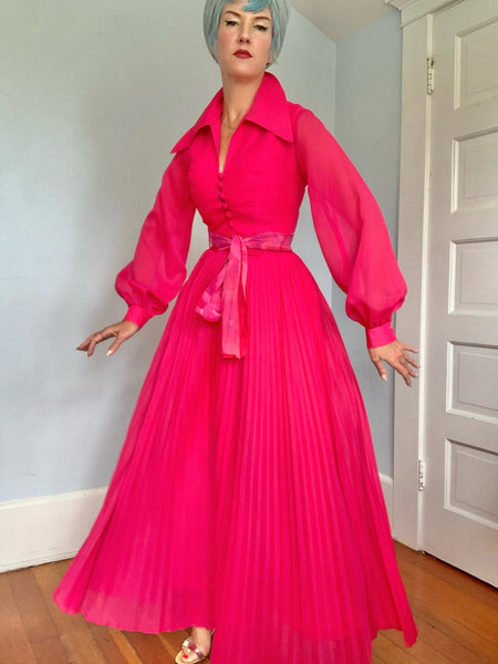 1960s Shocking Magenta Sheer Chiffon Over Satin Palazzo Jumpsuit