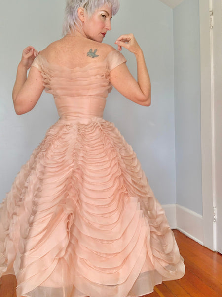 Documented 1954 “Ceil Chapman” Silk Organza Sculptural Ruffled Party Dress