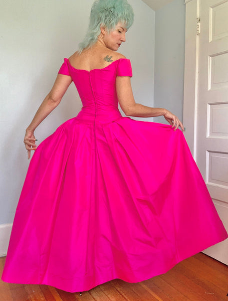 1980s “Scaasi Boutique” Neon Pink Silk Evening Gown