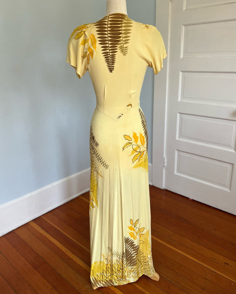 1940s Rayon Jersey Hawaiian Wrap Gown