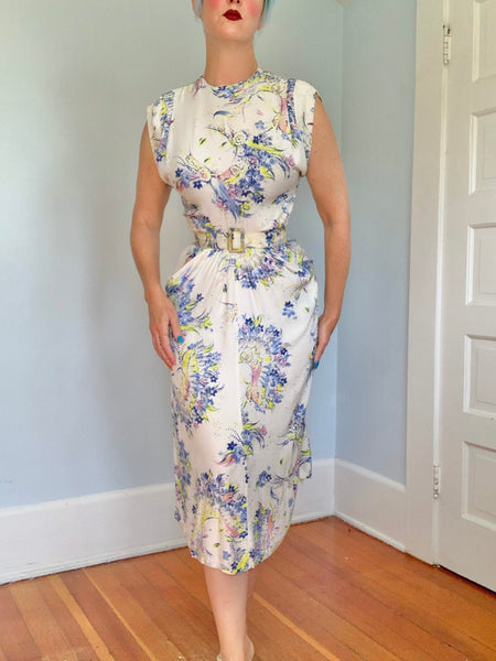 1940s Faces Novelty Print Cold Rayon Cocktail Dress