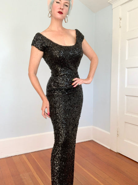1960s Hand Sequined “Gene Shelly’s Boutique Internationale” Wool Knit Evening Gown