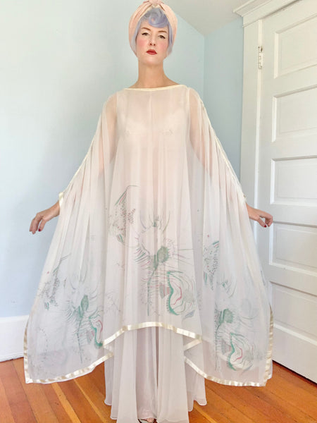 1970s “Jean Varon” Sheer Chiffon Sealife Motif Caftan Gown
