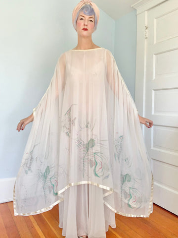 1970s “Jean Varon” Sheer Chiffon Sealife Motif Caftan Gown