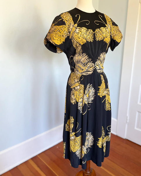 1940s “Jean Carol” Butterfly Cold Rayon Cocktail Dress