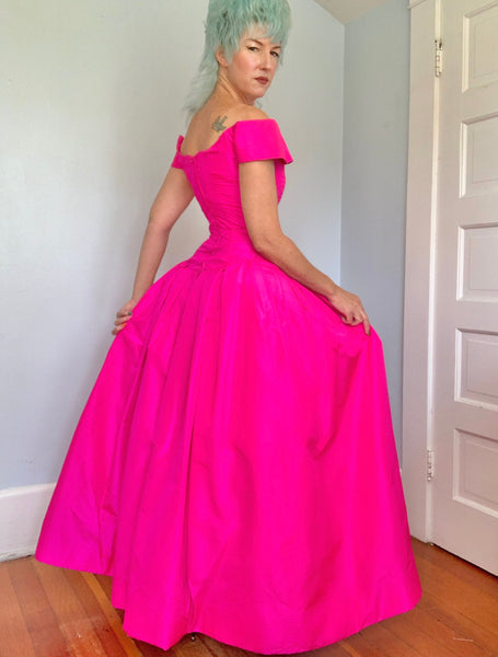 1980s “Scaasi Boutique” Neon Pink Silk Evening Gown