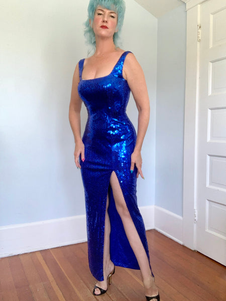 1980s Sapphire Sequin Hourglass Evening Gown