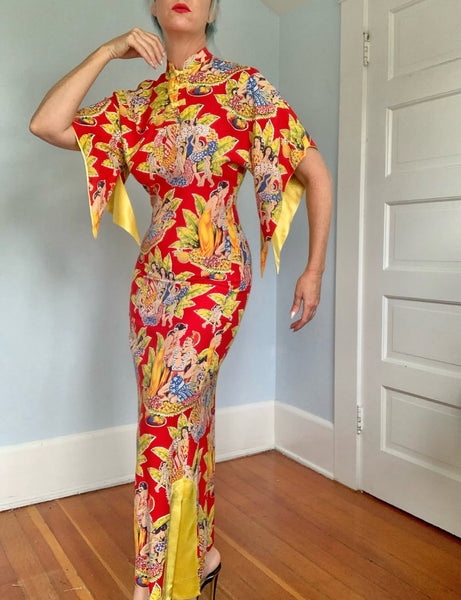 1940s Cold Rayon Hawaiian Pake Muu in Eugene Savage Print by “Kahana Manufacturing Co.”