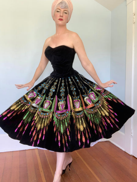 Custom Made 1950s Dazzling Hand Painted / Sequined Strapless Velvet Party Dress