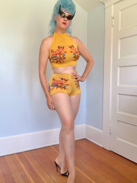 1970s "Alley Cat by Betsey Johnson" 2 Piece Intarsia Knit Hotpants & Halter Set