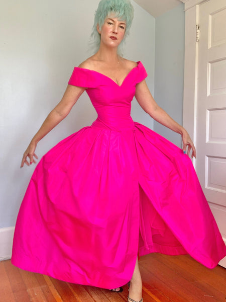 1980s “Scaasi Boutique” Neon Pink Silk Evening Gown