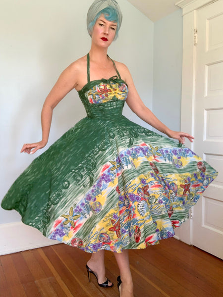 1950s “Miss Hawaii” Nylon Painted Ocean Sealife Print Halter Hawaiian Sundress