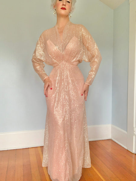 1970s “Lillie Rubin” Glitter Chiffon Over Rayon Glamour Gown