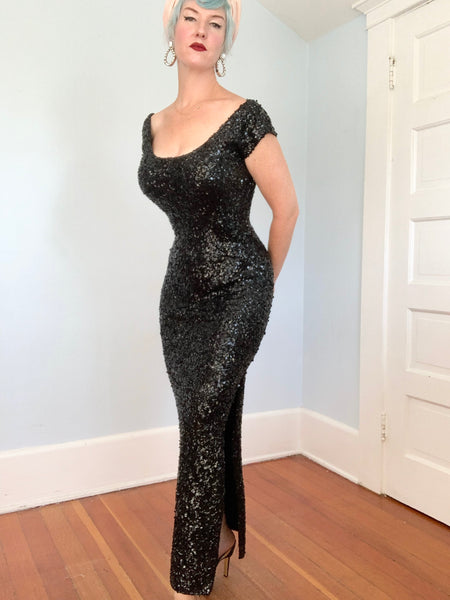 1960s Hand Sequined “Gene Shelly’s Boutique Internationale” Wool Knit Evening Gown