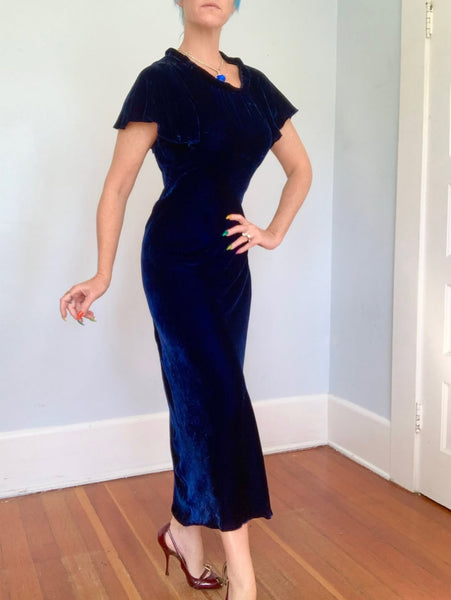 Custom 1930s Sapphire Silk Velvet Evening Gown