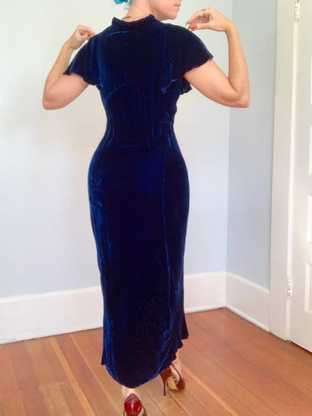 Custom 1930s Sapphire Silk Velvet Evening Gown