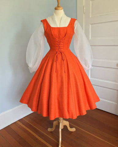 Gorgeous 1950s Pumpkin Orange Linen Pinafore Dress