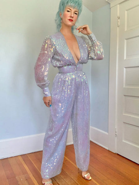 1970s Iridescent Sequin Palazzo Jumpsuit