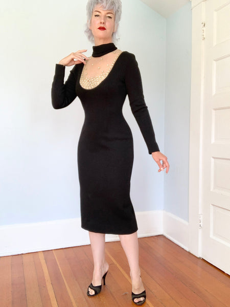 “Mr. Blackwell Custom” 1960s Wool Jersey Rhinestone Sheer Bust Cocktail Dress