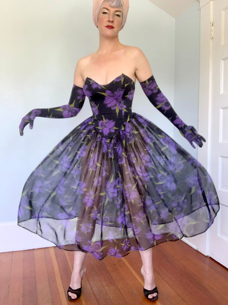 Killer 1980s "Betsey Johnson" Punk Label 3 Piece Iris Print Dress Set 2/ Gloves & Slip