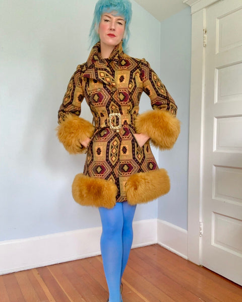 Killer 1960s Penny Lane Tapestry Coat w/ Mongolian Lamb Trim by “Country Pacer”