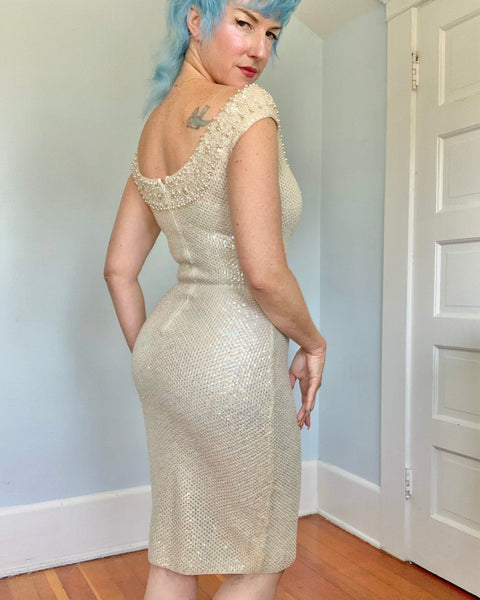 1960s “Gene Shelly’s Boutique Internationale” Hand Sequined / Beaded Wool Cocktail Dress