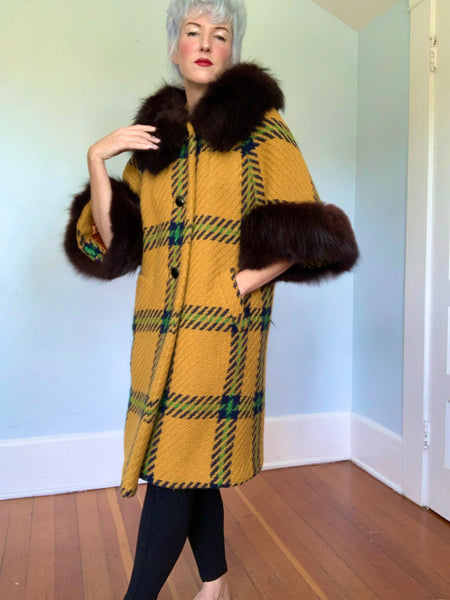 Late 1950s Woven Wool Oversized Plaid Dress Coat w/ Fox Fur Trim