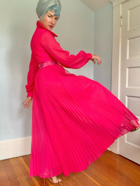1960s Shocking Magenta Sheer Chiffon Over Satin Palazzo Jumpsuit