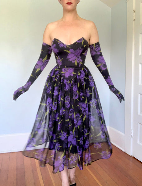 Killer 1980s "Betsey Johnson" Punk Label 3 Piece Iris Print Dress Set 2/ Gloves & Slip