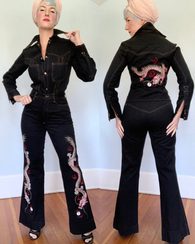 1970s Rock n’ Roll Black Denim 2 Piece Suit w/ Handprinted Flocked Dragon Motif by “The Paladin Collection by Appendagez”