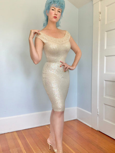 1960s “Gene Shelly’s Boutique Internationale” Hand Sequined / Beaded Wool Cocktail Dress