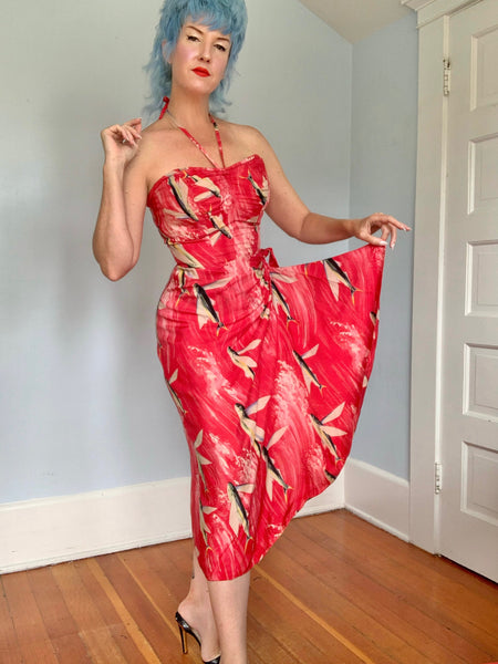 Rare 1940s Custom Made Silk Hawaiian Sarong Dress w/ Flying Fish Print