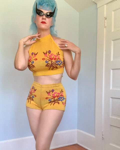 1970s "Alley Cat by Betsey Johnson" 2 Piece Intarsia Knit Hotpants & Halter Set