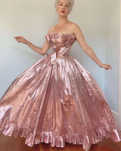 1970s/80s “Victor Costa for Neiman Marcus” Metallic Pink Ballgown w/ Belt