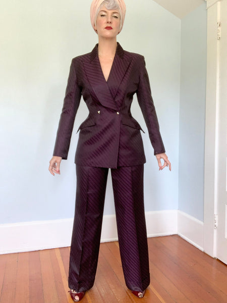 Rare 1990s "Thierry Mugler Couture" 2 Piece Hourglass Pantsuit in Iridescent Silk Blend