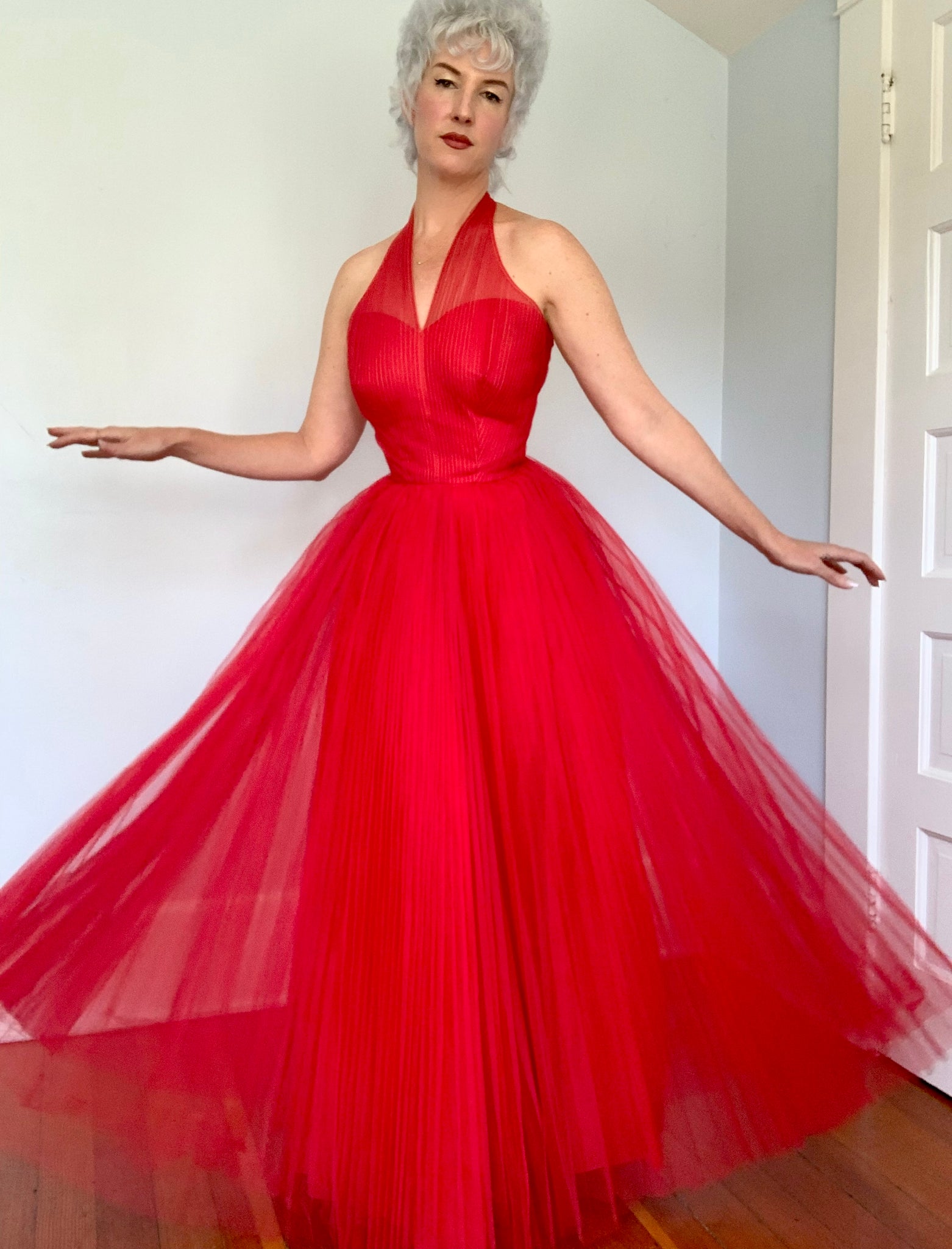 1950s Designer “Rappi” Red Accordion Pleated Tulle Halter Gown