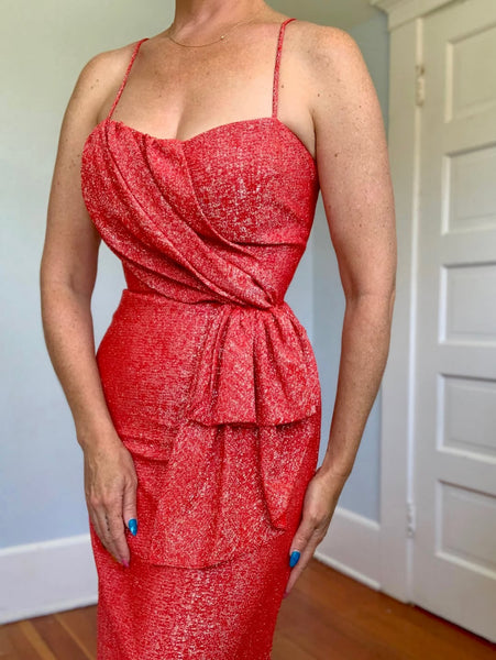 1950s Style Metallic Red Lurex Draped Cocktail Dress