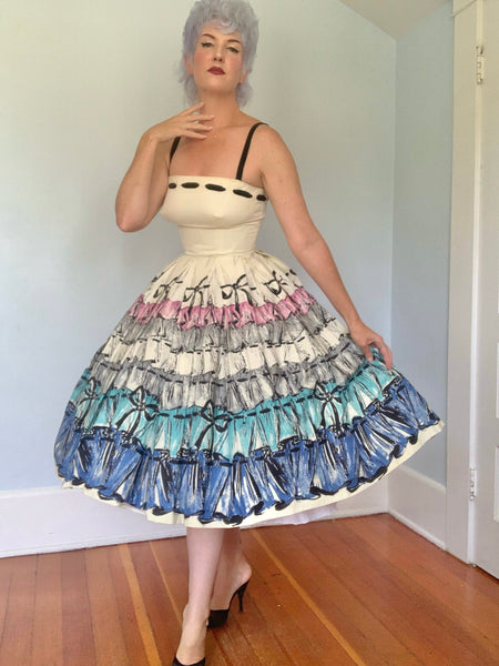 1950s Polished Cotton Trompe L’Oeil Bow Print Party Dress