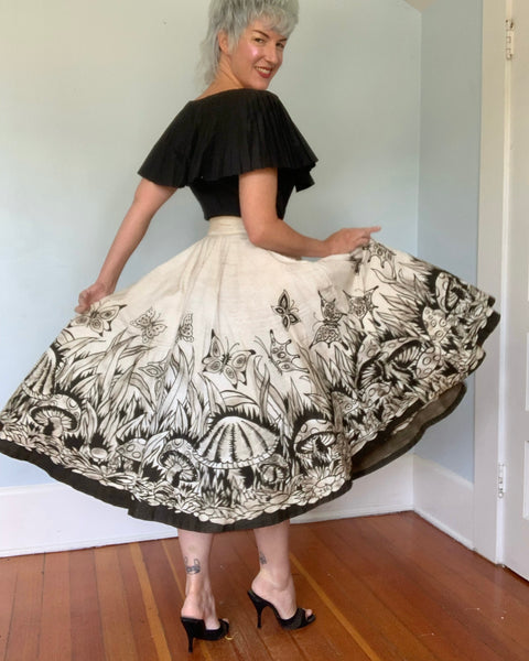 Rare 1950s Hand Painted Toadstool Mushroom Mexican Cotton Skirt by “Creaciones Naitan”