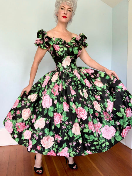 1980s Cotton Chintz Garden Roses Party Dress