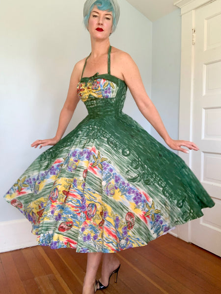 1950s “Miss Hawaii” Nylon Painted Ocean Sealife Print Halter Hawaiian Sundress